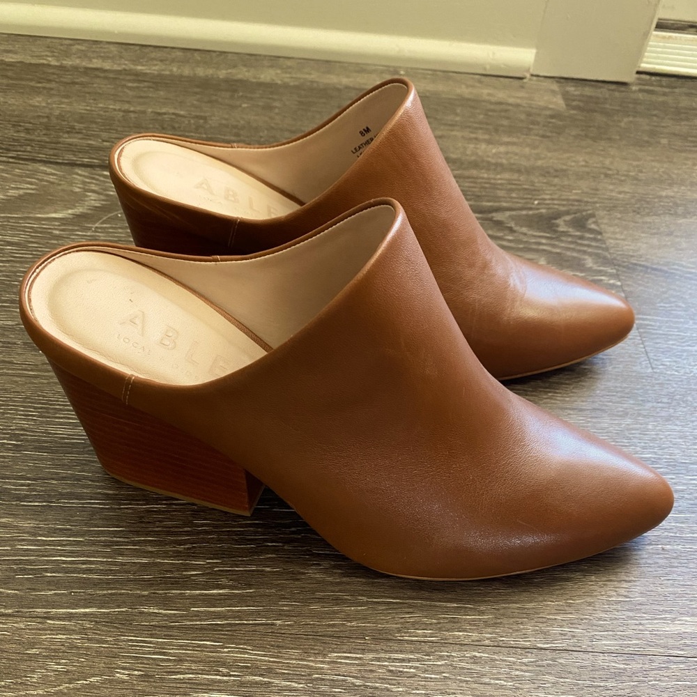 Able Brown Leather Pointed Toe Mule Heels